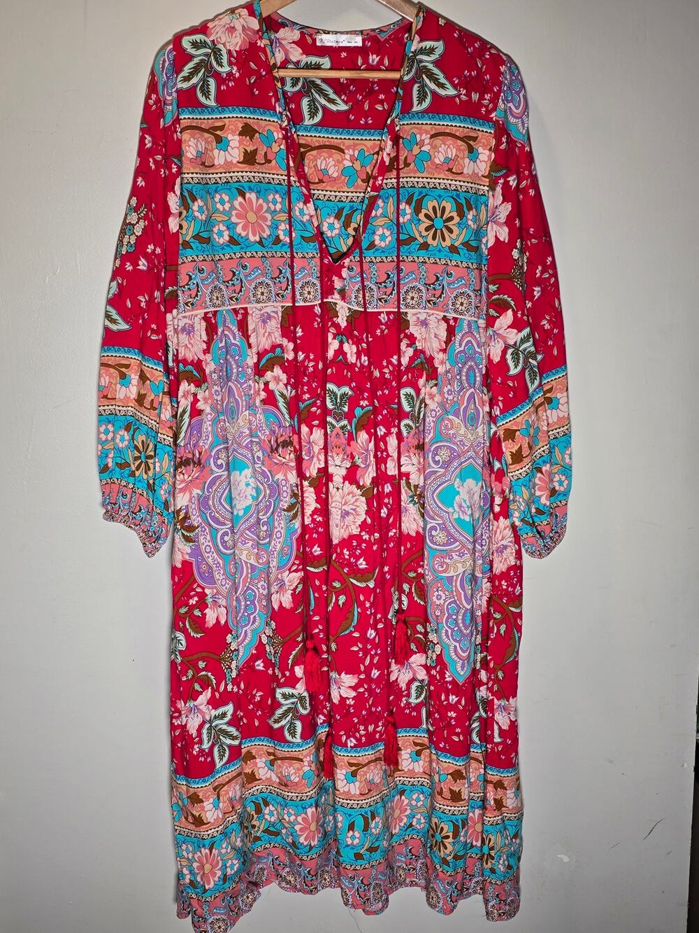 R.Vivimos Boho Floral Maxi Dress 2XL Red Tassel Tie Empire Waist Plus Size